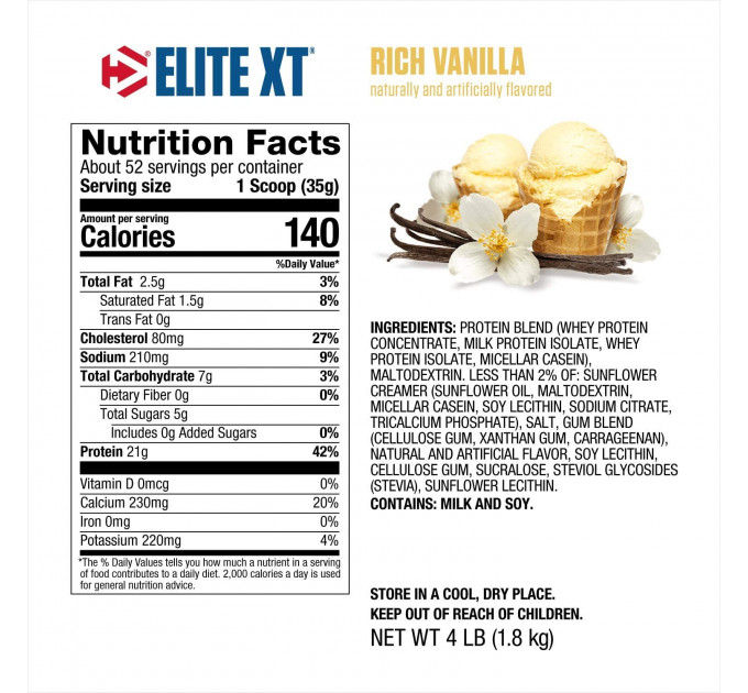 Мицеллярный казеиновый протеин Dymatize Elite Casein Protein Powder Rich Vanilla, со вкусом ванили 1.8 kg